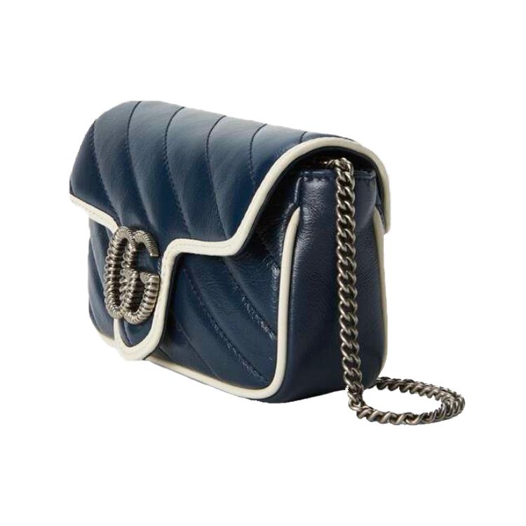 Gucci Мини-сумка на цепочке Gucci Marmont с стежкой «шеврон» из темно-синей кожи с белой отделкой для женщин, роскошная, для повседневного использования