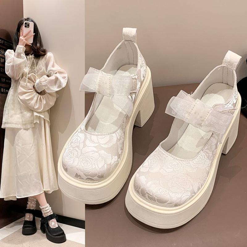 Chinese Style Mary Jane Shoes Women's Platform Lace Bow Round Head Chunky Heel Pumps