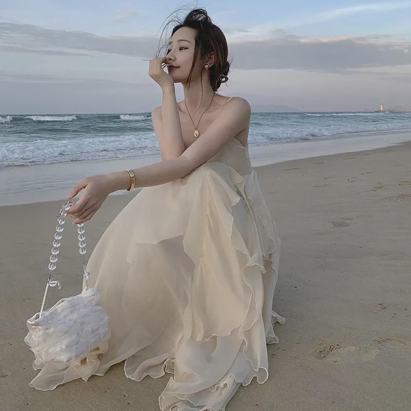 Женское летнее пляжное платье 2021 года из шифона - корейский стиль Fairy Seaside Holiday Maxi