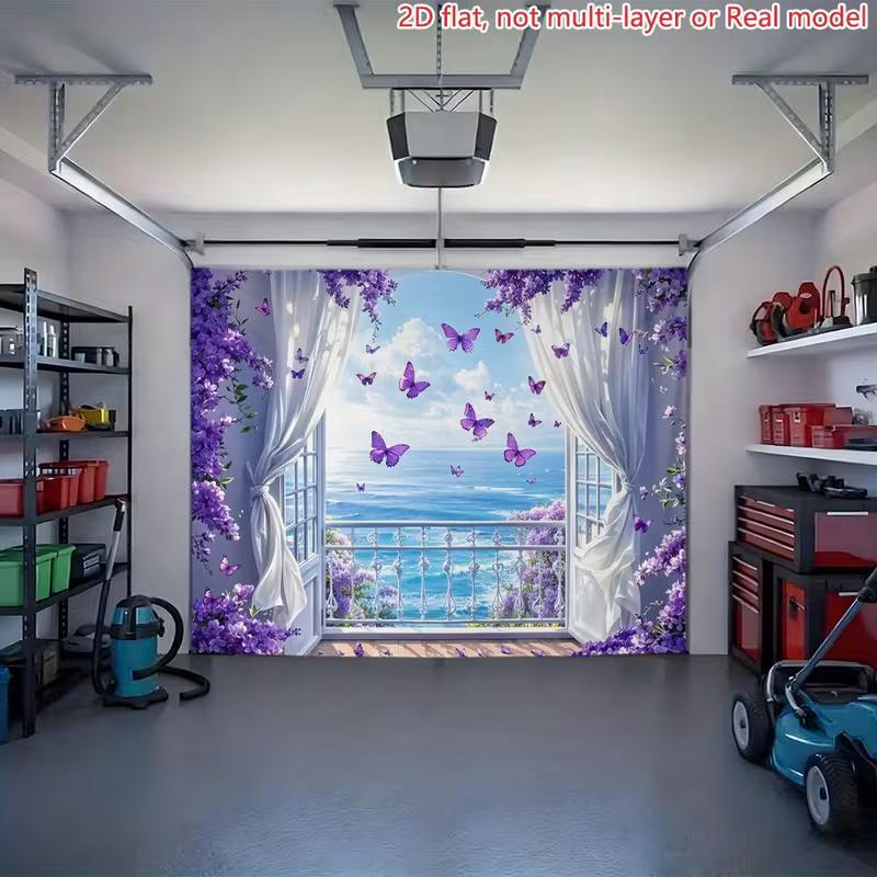 2D Summer Beach Backdrop White Curtain Purple Flower Butterfly Photo Booth Background