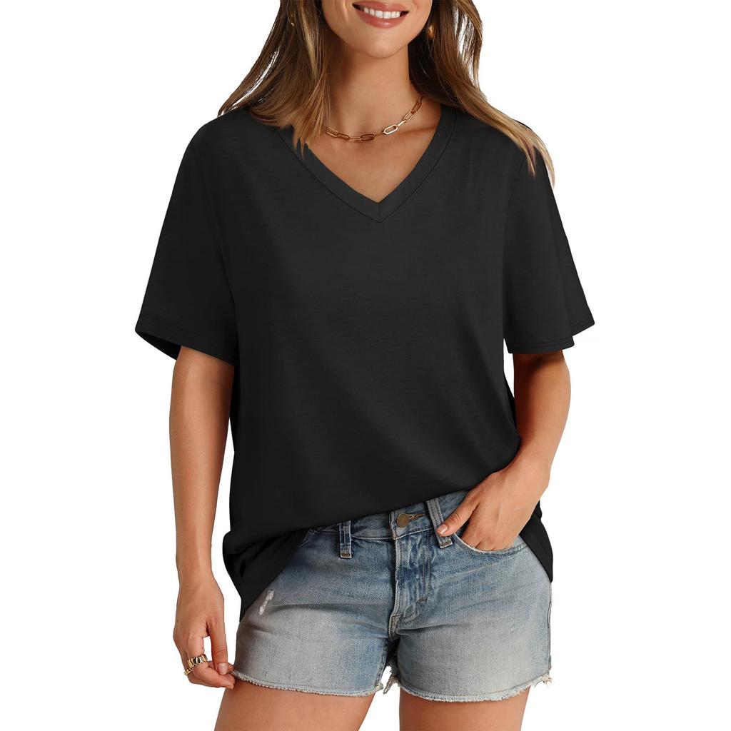 Женская футболка с v-образным вырезом и коротким рукавом, однотонная повседневная свободная футболка, топ