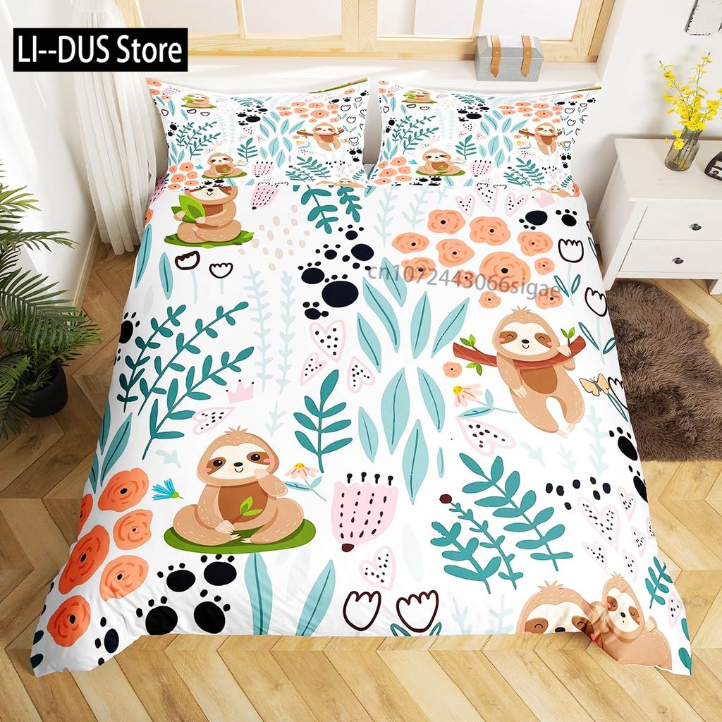 Sloth Bedding Set King SizeCartoon Duvet Cover Set for Kids Girls BoysSloth Pattern Comforter Cover1 Quilt Cover 3 Pieces