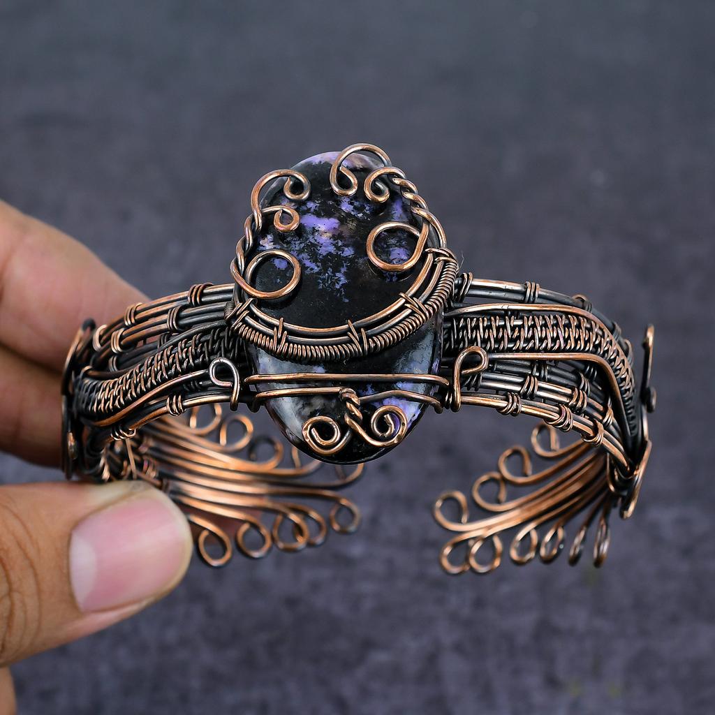 Русский драгоценный камень чароит ручной работы медная проволока браслет-манжета регулируемый H3j27