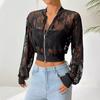 Autumn and Winter Women's Jacquard Lace See-through Zip Short Jacket