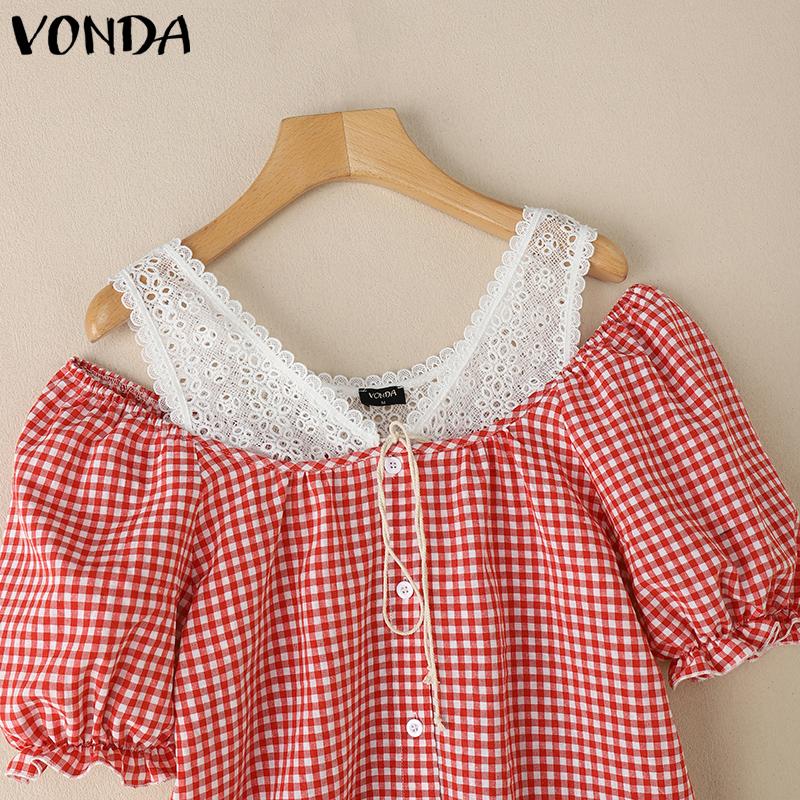 VONDA Женские летние топы с коротким рукавом и без бретелек, кружевные, в клетку, с принтом в стиле пэчворк