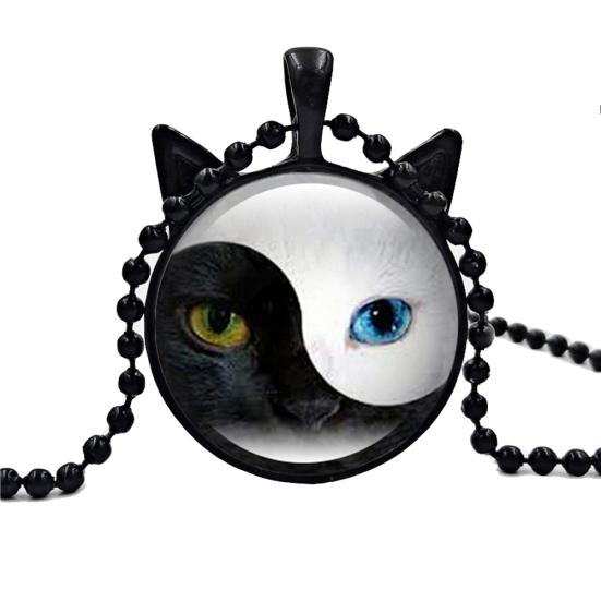 Женщины Тай Чи Инь Ян Cat Стеклянный кулон Ожерелье Свитер Цепь Ювелирный Подарок