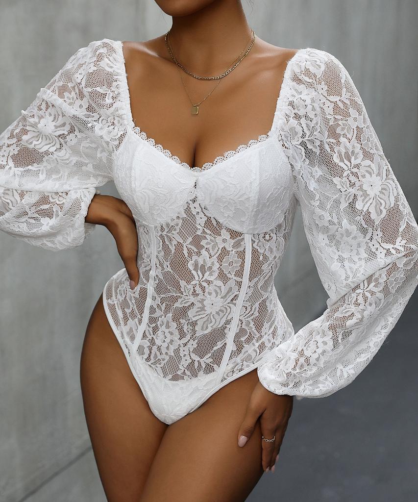 Autumn Women's Lace Splicing Long Sleeve Solid Bodysuit