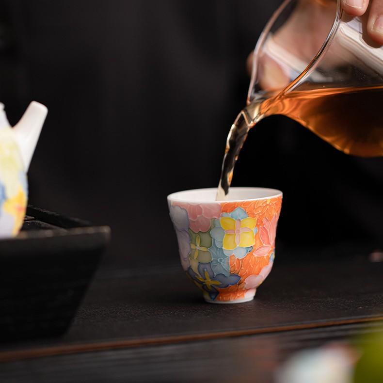 Цзиндэчжэнь Ручная роспись Подглазурная роспись Узор «Тысяча цветов» Чайная чашка Наслоенная глазурь Тонкий фарфор Керамика Посуда для чая Гунфу Для личного использования