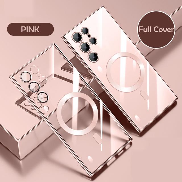 Противоударный чехол Magsafe с магнитной беспроводной зарядкой для телефона Samsung Galaxy S23 Ultra S22 Plus Ultra S21 + прозрачная стеклянная линза, мягкая обложка