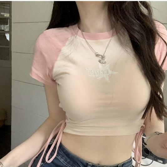 Розовый обтягивающий укороченный топ с вырезом на талии, футболка с короткими рукавами, летняя женская танцевальная одежда, сексуальный универсальный пуловер