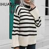 Women's Striped Side Split High Neck Mid-Length Sweater Women Loose Autumn and Winter Sweater