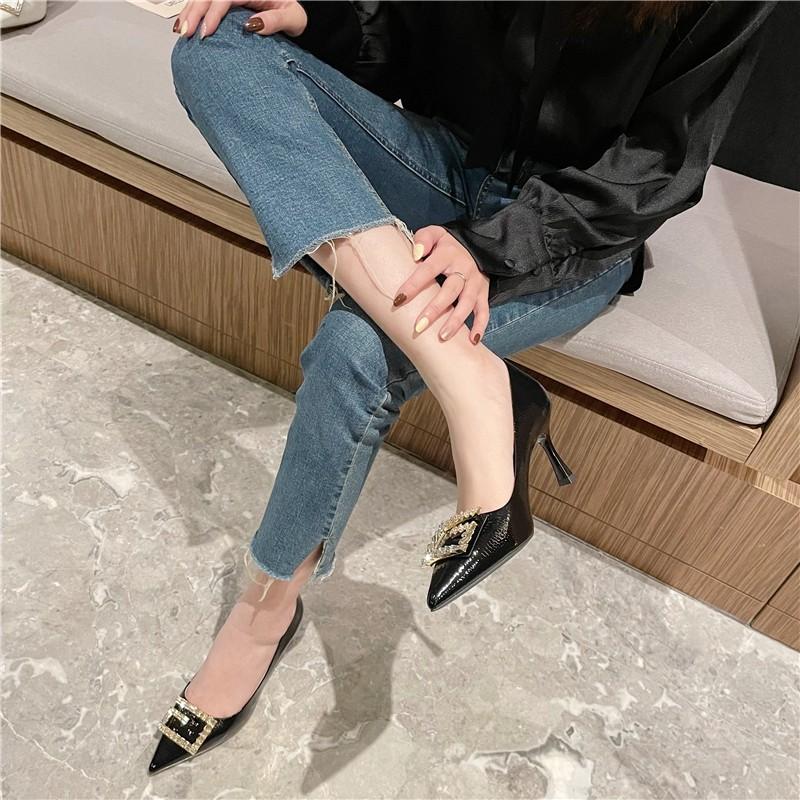 Женские туфли-лодочки с острым носком 2024 года, новые универсальные туфли с острым носком на весну и осень, туфли на высоком каблуке со стразами