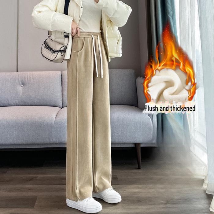 Женские широкие брюки-бананы с высокой талией и бархатной подкладкой для осени/зимы — облегающий крой, маленький размер
