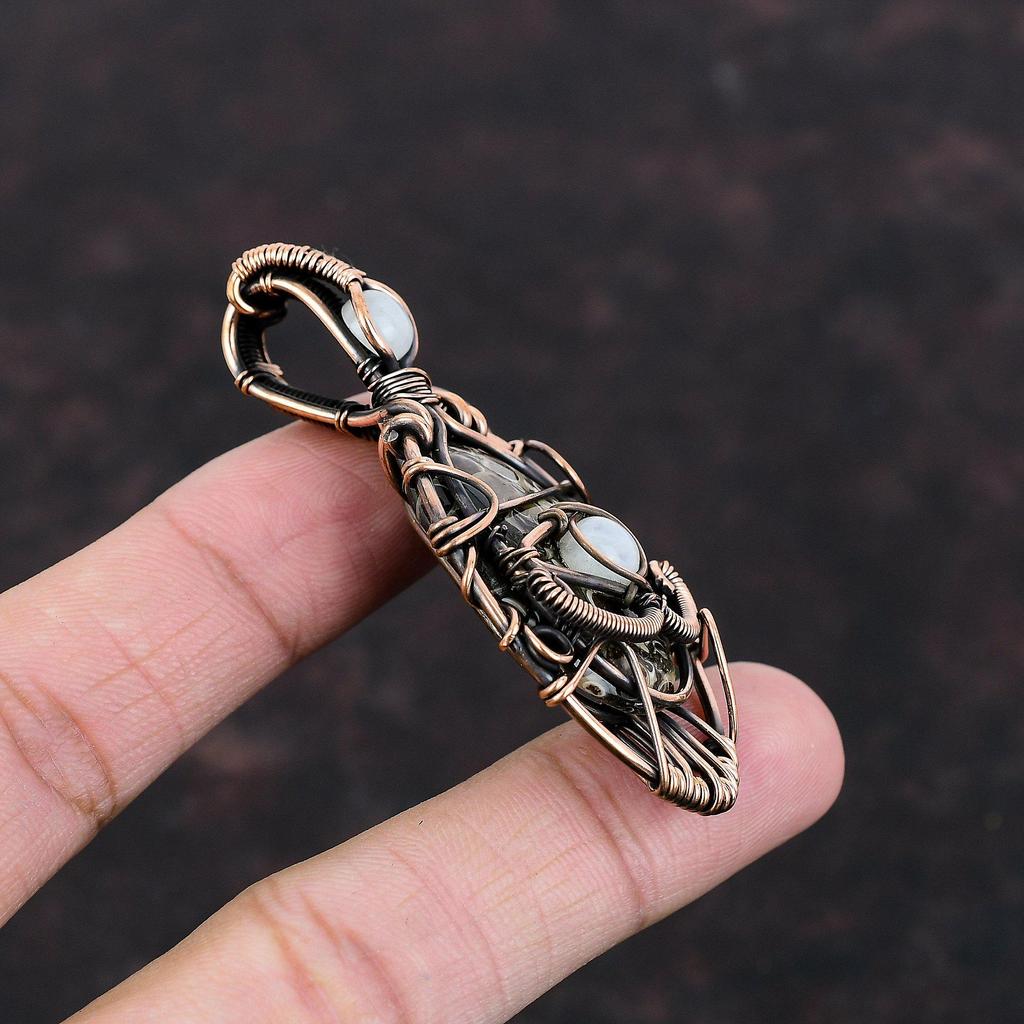 Подвеска из агата с дурным глазом Turritella, подвеска из медной проволоки, подвеска из радужного лунного камня, ручная работа, медные украшения, подарок на помолвку