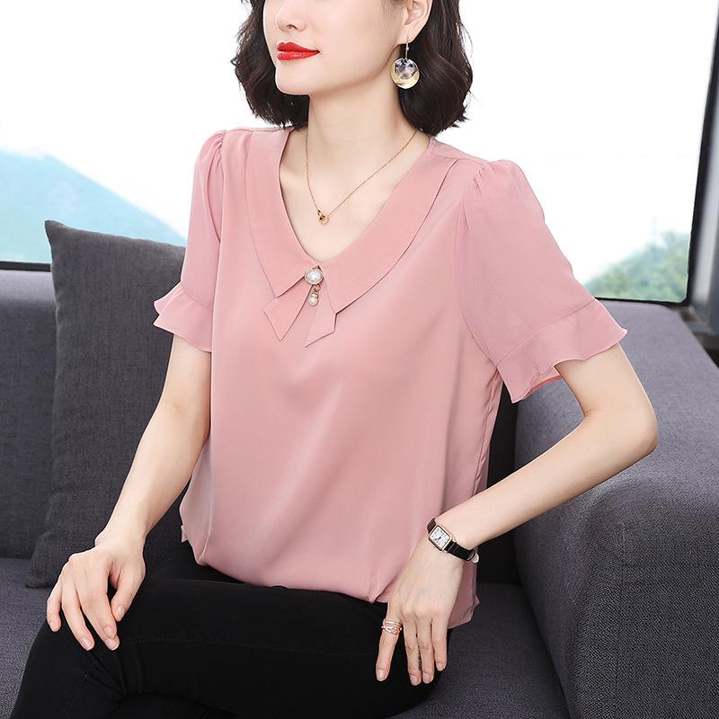 Лето 2023 г., женская стильная блузка свободного кроя из шифона с оборками и коротким рукавом
