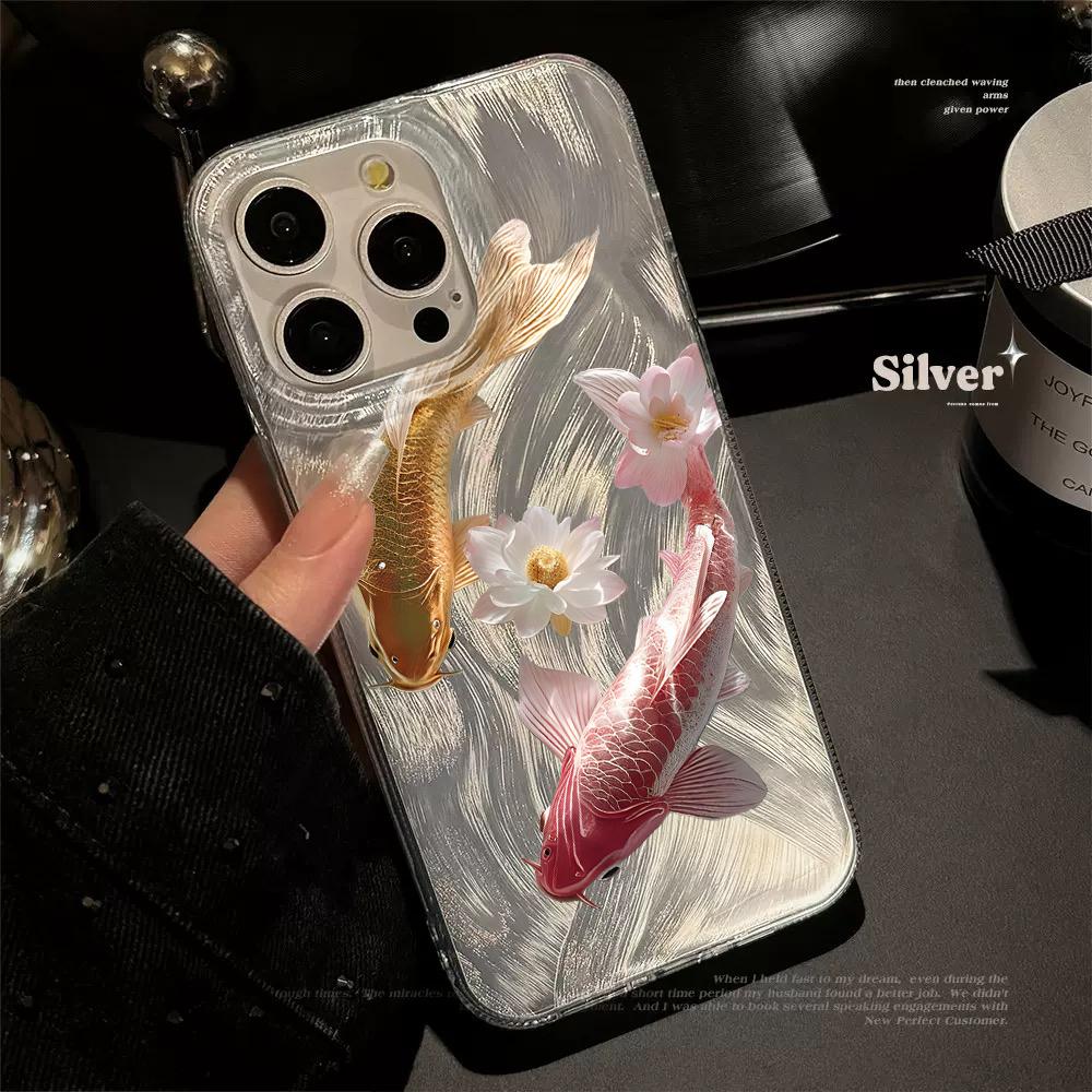 Чехол для телефона с узором «Карп на удачу» для iPhone 17 Pro 15 16 14 13 12 11 Pro Max 17e 16e 8 7 Plus XR XS X Серебристый Мягкий Ударопрочный Чехол