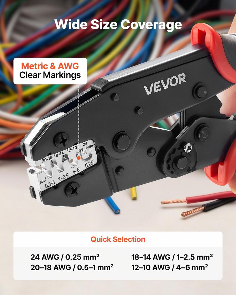 VEVOR Crimping Tool, 0.25-6 mm² Ratcheting Wire Crimper Tool, Labor-Saving Electrical Terminal Crimp Pliers with Clear Metric & AWG Markings