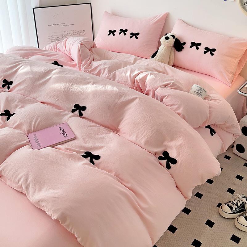 Комплект из четырех предметов из стираного хлопка, комплект из трех предметов для спальни с бантом, простыня, пододеяльник, принадлежности