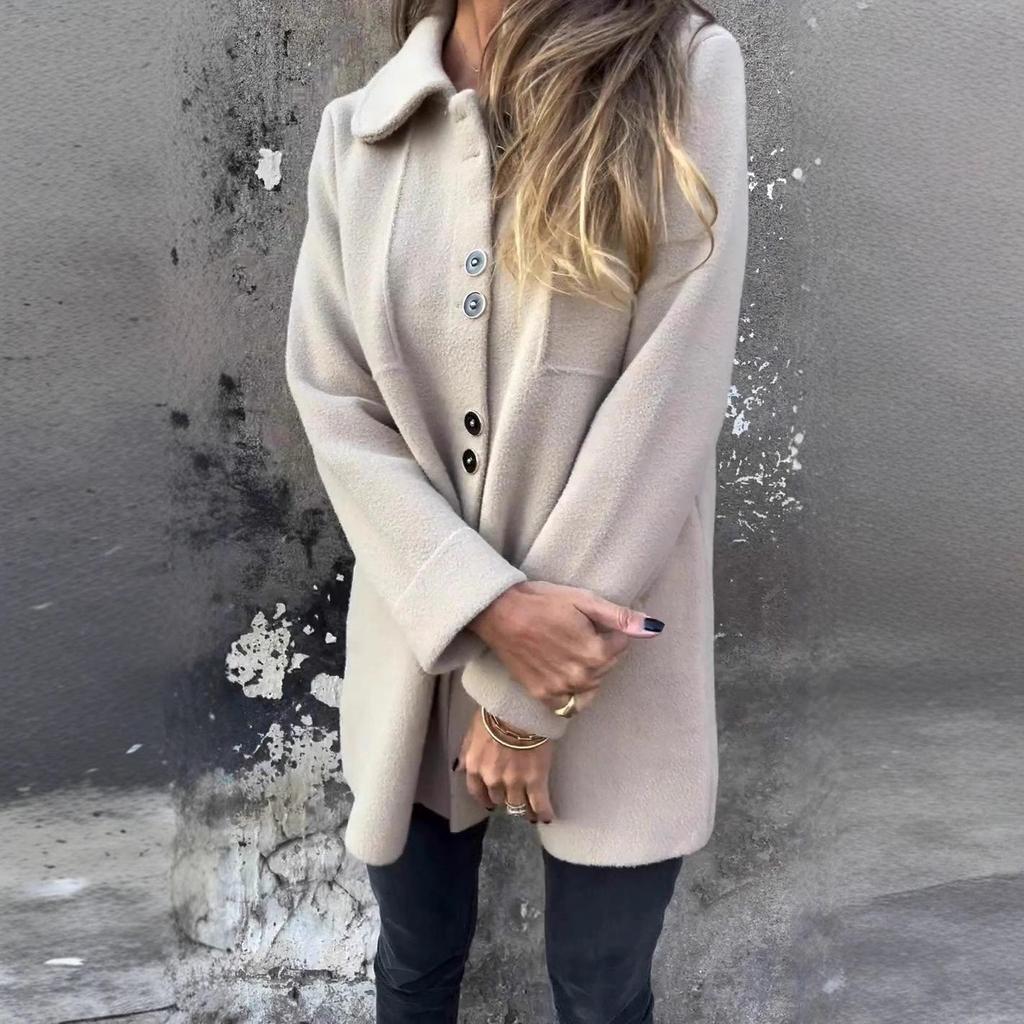 Женское осенне-зимнее повседневное однобортное шерстяное пальто с отложным воротником