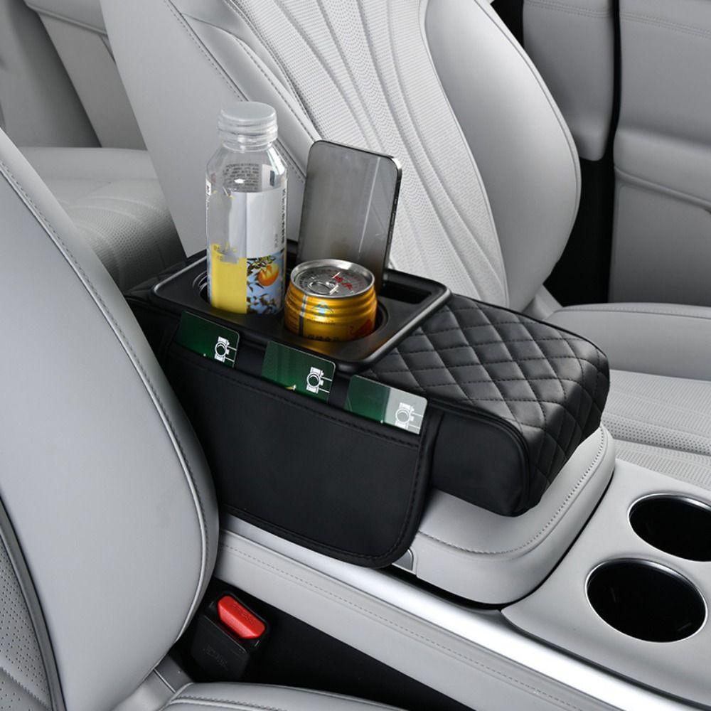 Car Center Console Height Increasing Armrest Cushion Multifunctional PU Leather Armrest Pad with Cup Holder Universal