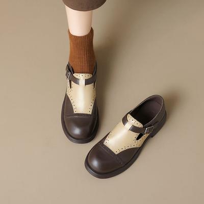 Модные НОВЫЕ Весенне-Осенние Женские Лоферы с Круглым Носком и Массивным Каблуком, Обувь из Натуральной Кожи, Женские Туфли с Ремешком и Пряжкой, Обувь Ручной Работы