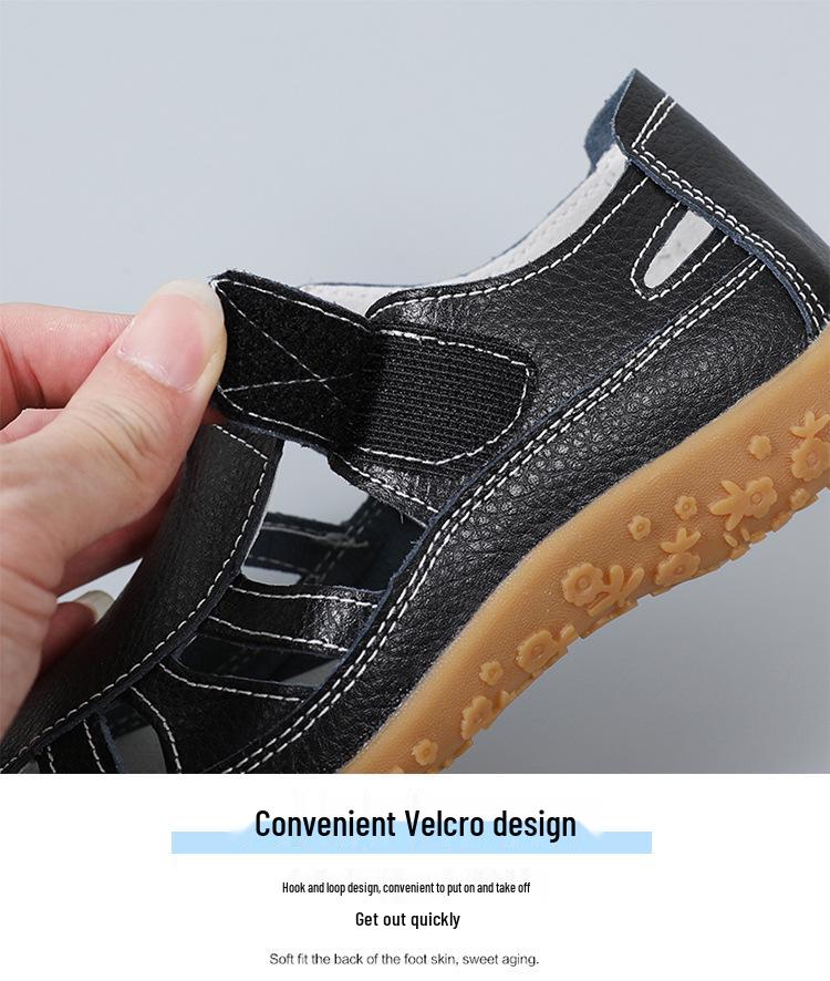 Летние Ретро Сандалии-липучки из Натуральной Коровьей Кожи Ручной Работы с Мягкой Подошвой