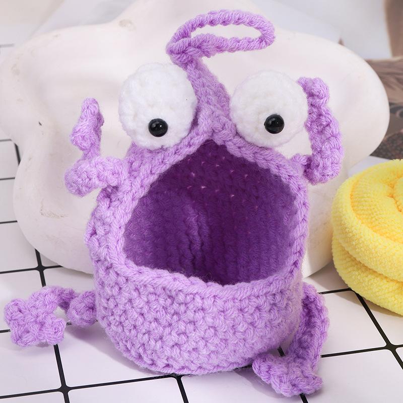 Сумка для хранения ручной работы, смешные вязаные крючком украшения, органайзер-монстр с 2 глазами, аксессуары для мелочей, портативная, подвешивается на стену
