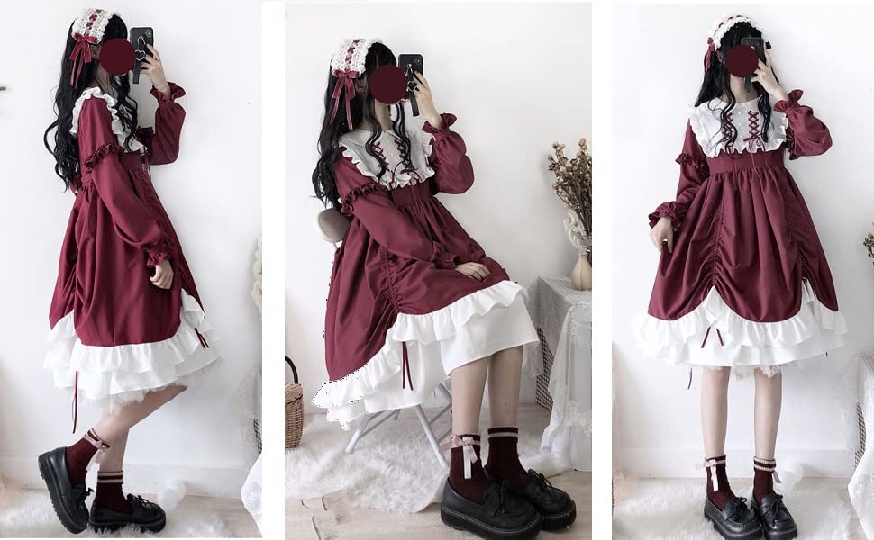 Lolita Long Sleeve Lolita Dress Cosplay Gothic Lolita Mori Girl Cute Girls Ruffles Lady Casual Wear Christmas Halloween Costume Lady Head Dress