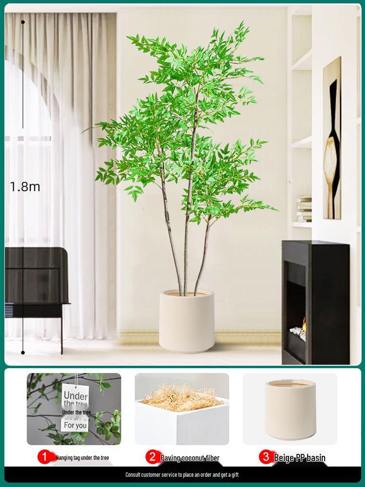 Artificial Nandina Domestica Potted Plant for Home Decoration - Green Ornamental Bonsai for Living Room or Sofa Side Decor.
