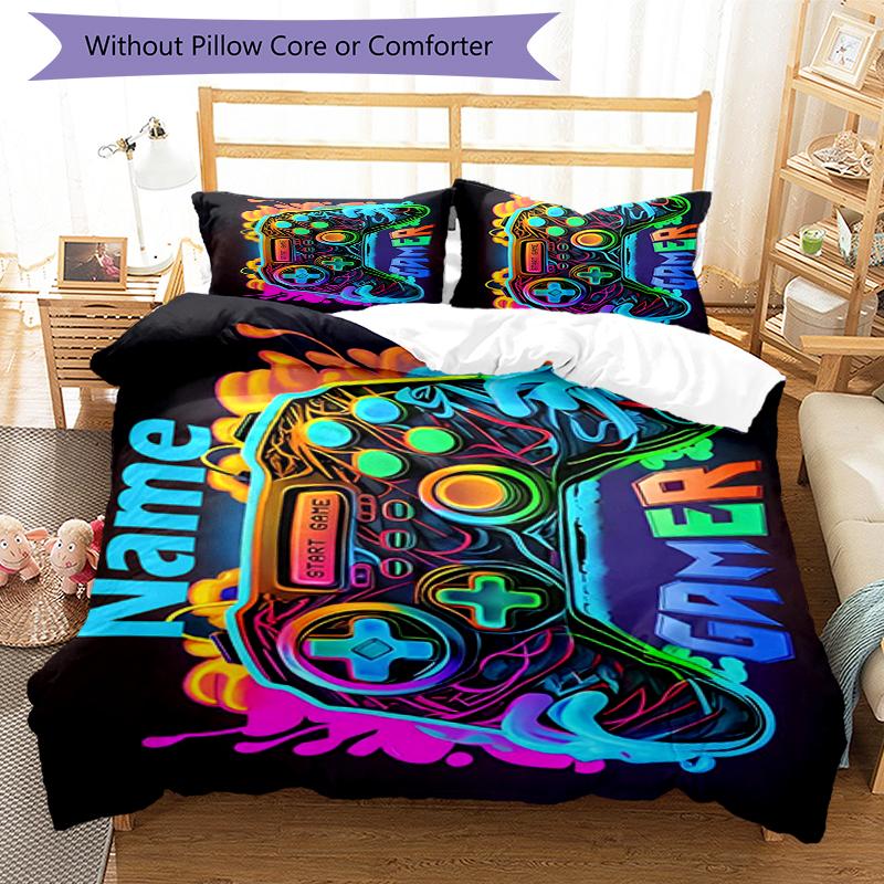 3pcs Custom Name Game Controller Bedding Set Duvet Cover Closure Includes 1 Duvet Cover & 2 Pillowcases, Soft and Comfortable for All Seasons.