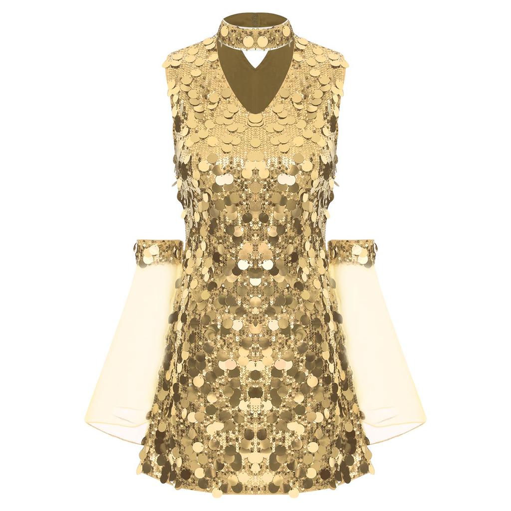 Womens Halloween Sequin Hippie Costume 70s Disco Sleeveless Mini Dress