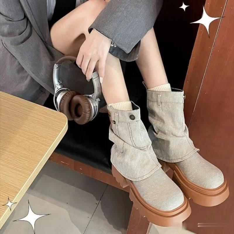 Средний каблук, новинка, женские полусапоги с круглым носком, демисезонная удобная и элегантная качественная обувь, женская обувь до середины голени