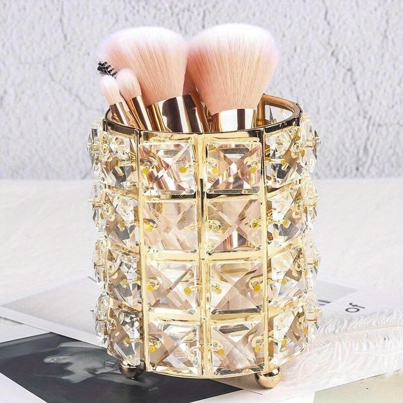 Metal Makeup Brush Storage Tube Eyebrow Pencil Makeup Organizer Bead Crystal Jewelry Storage Box