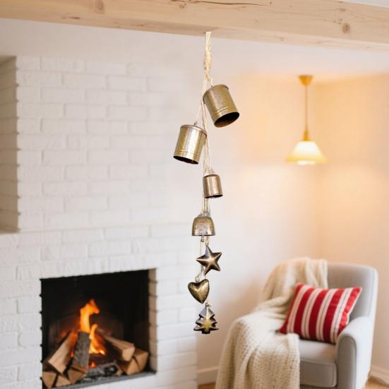 Деревенские рождественские колокольчики Металлические колокольчики в тибетском стиле Декоративные коровьи колокольчики с 4 колокольчиками на подвесном шнуре для декора дома, двери, каминной полки