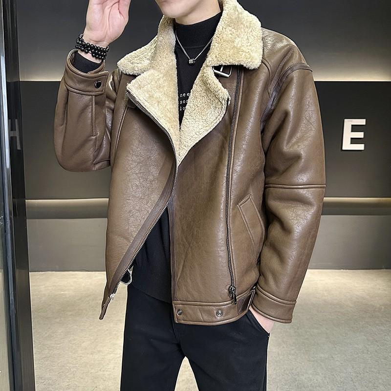 Mens Winter PU Leather Jacket With Faux Fur Lining Loose Fit Casual Outerwear Urban Style