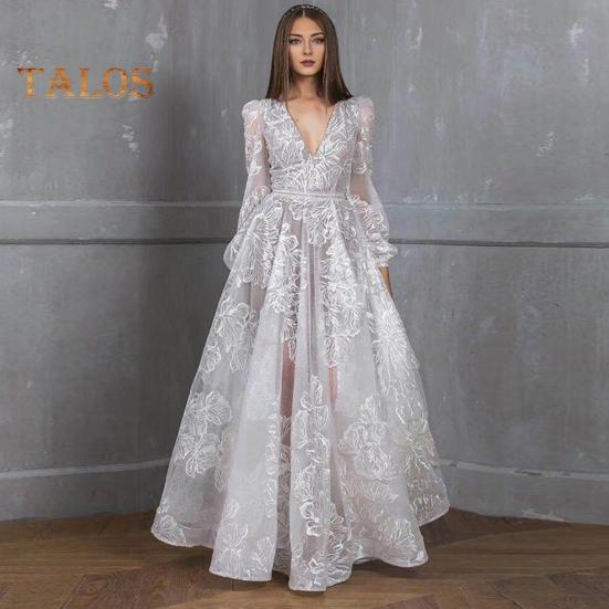 Женское вечернее платье с глубоким V-образным вырезом, кружевным цветочным узором, макси-платье А-силуэта, с длинными рукавами-фонариками, с высокой талией, плиссированное бальное платье для выпускного вечера