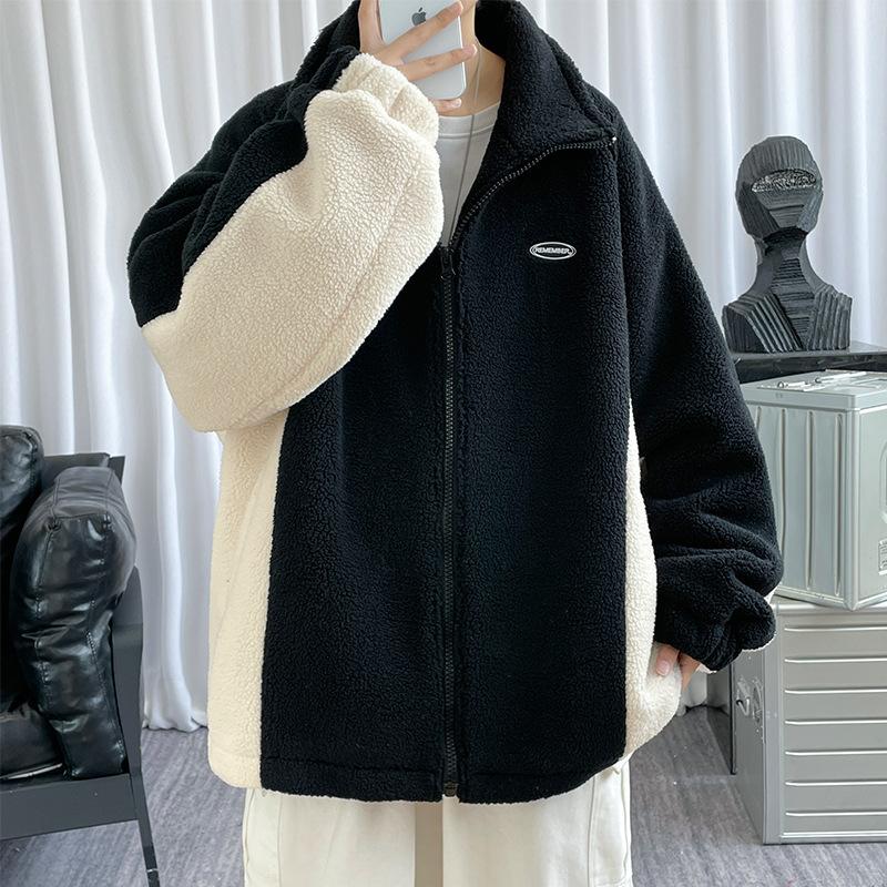 Куртка с хлопковой подкладкой из овечьей шерсти контрастного цвета, мужская корейская версия, свитер с воротником-стойкой, термокуртка