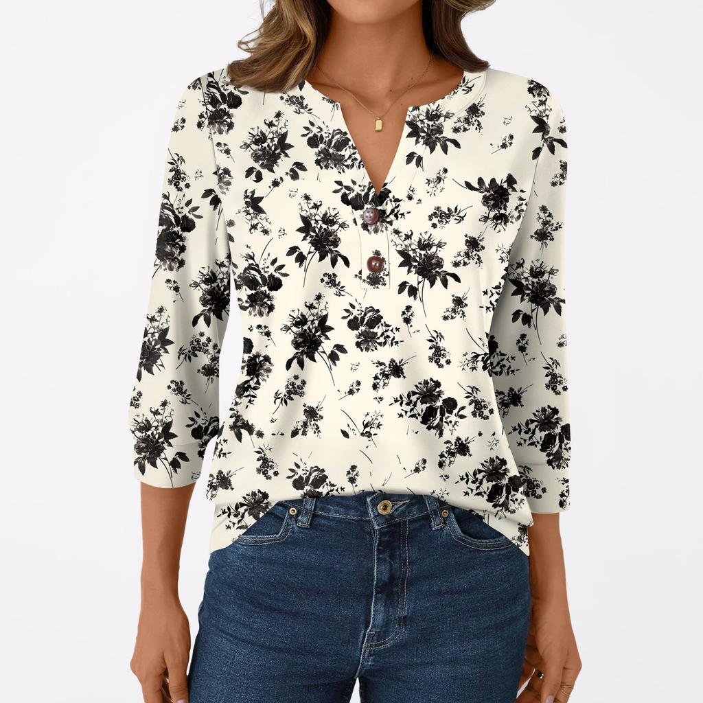 Женская модная повседневная футболка с рукавом 3/4, с принтами, V-образным вырезом и пуговицами