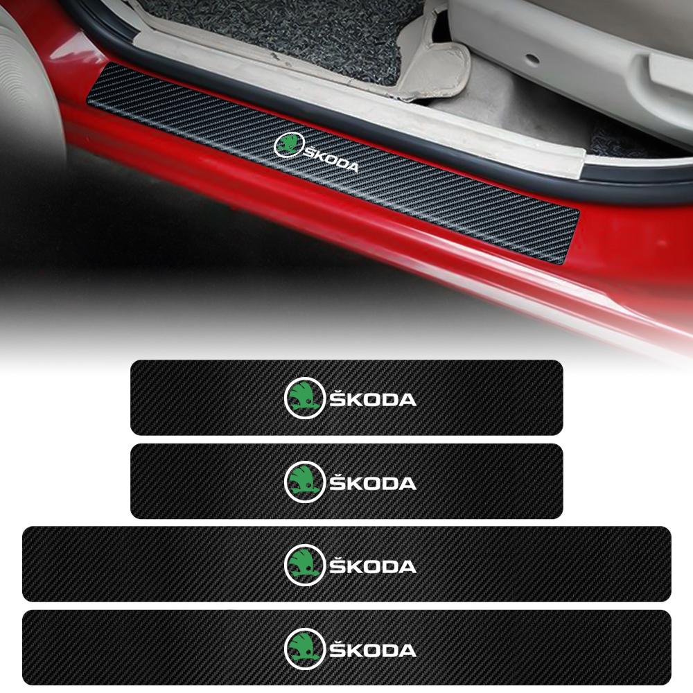 NADH5 4PCS Carbon Fiber Car Door Sill Protection Door Sill Anti-Scratch Stickers For Skoda Yeti Octavia A7 A5 Kodiaq Karoq Rapid Fabia