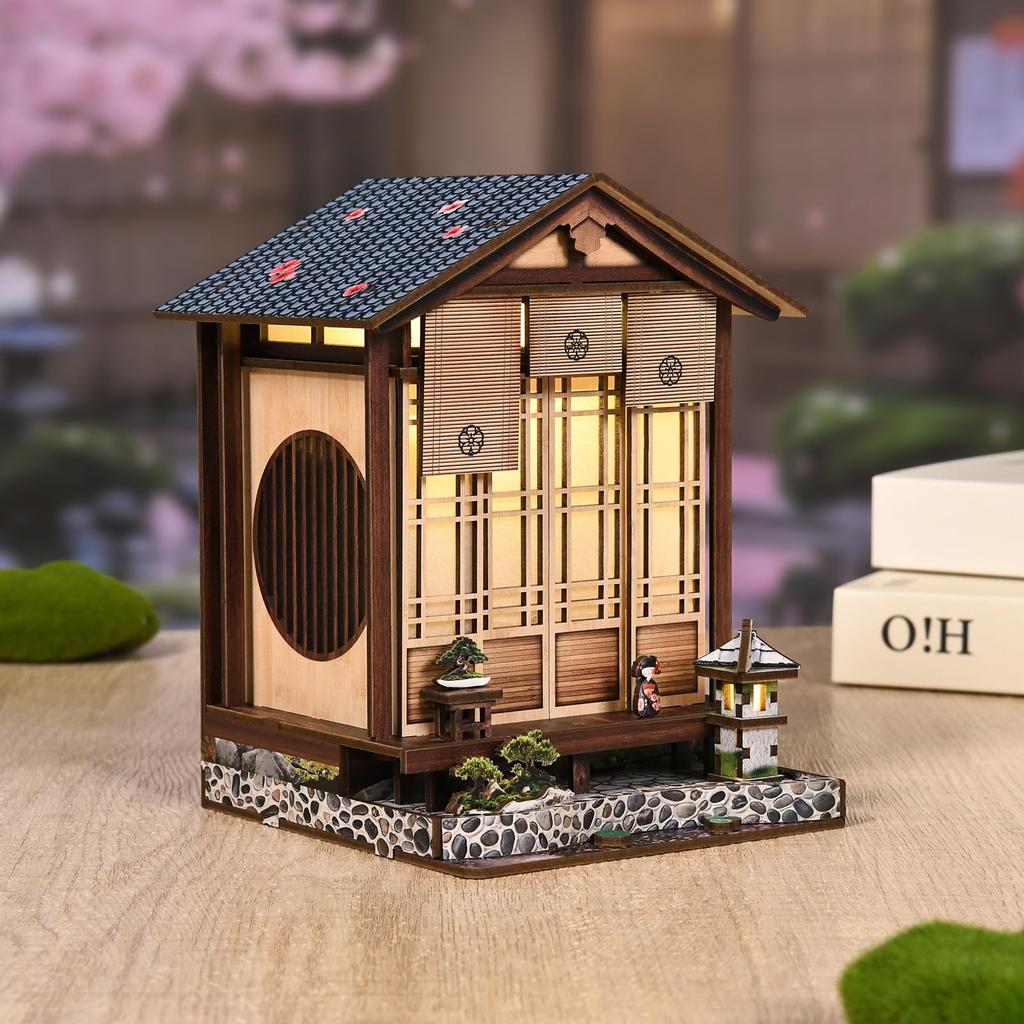 QmXCyzl Wooden DIY Dollhouse Kit, Miniature 3D Bookstand, Holiday Gift, Architectural Scenario Openable Design, Japanese Style (Planet and Garden)