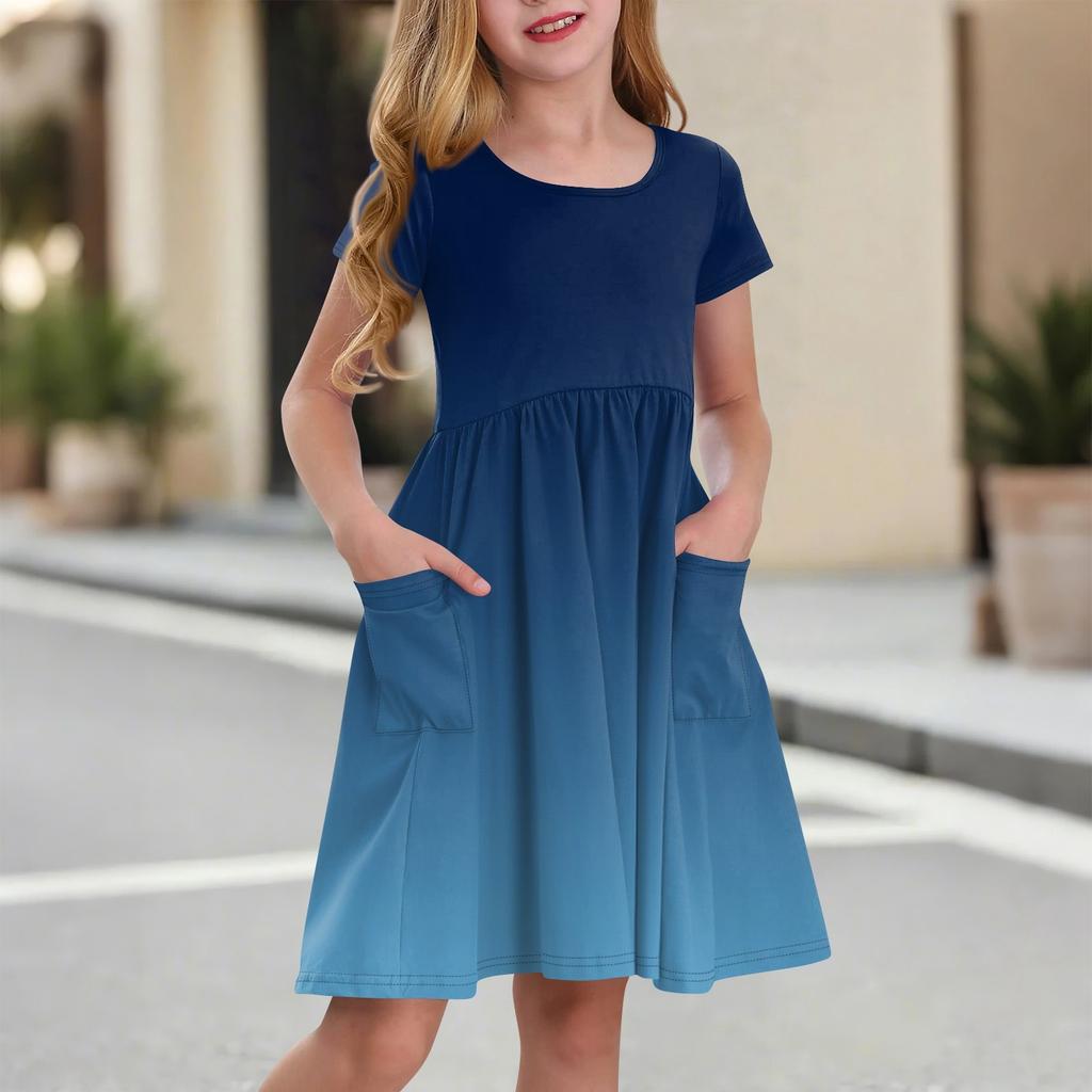 Детская юбка с круглым вырезом и коротким рукавом, платье принцессы, модное повседневное платье с карманами для девочек