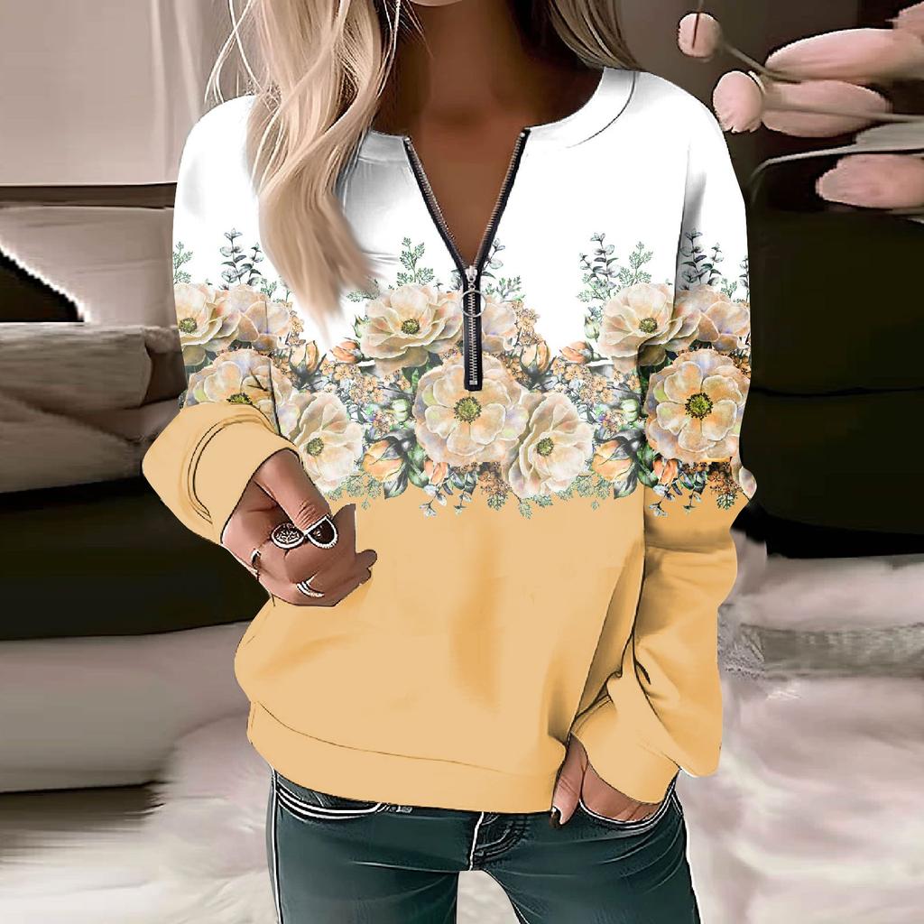 Women Sweatshirt Pullover Basic Quarter Zipper Long Sleeve Print Flowers Hoodie Casual Top