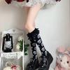 Cotton Knee Length Socks for Women Ruffle Lace Top Grunge Skull Music Note Print Stockings for Dance and Everyday Use