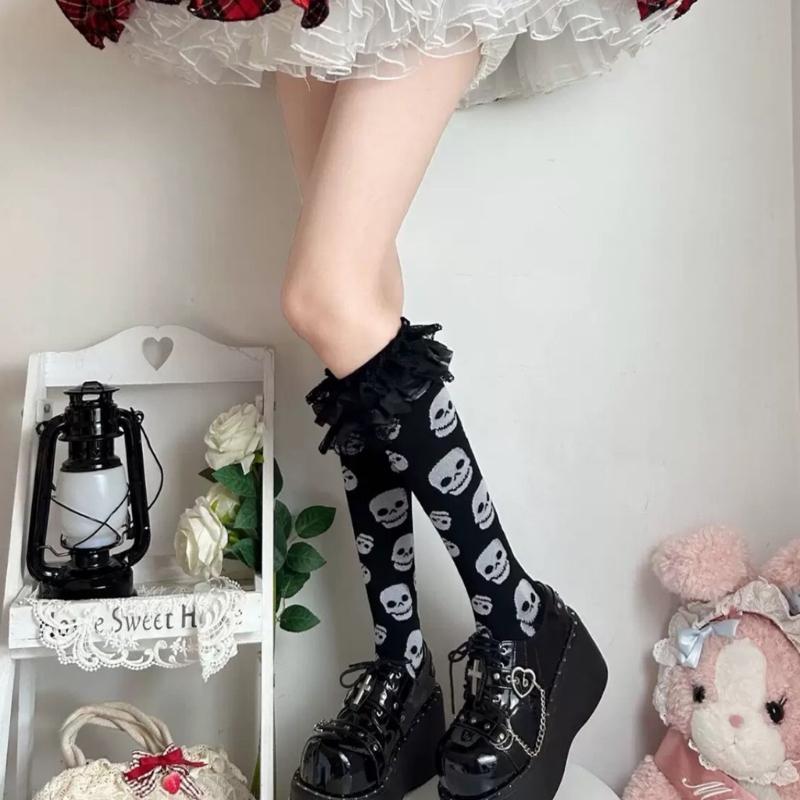 Cotton Knee Length Socks for Women Ruffle Lace Top Grunge Skull Music Note Print Stockings for Dance and Everyday Use