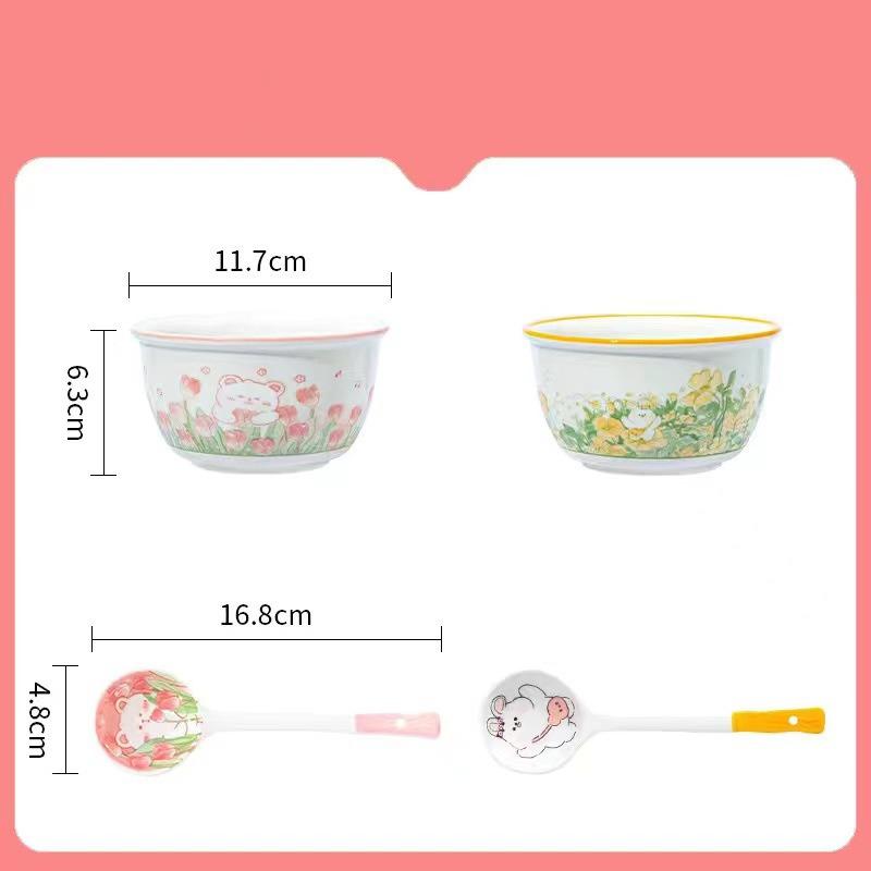 Мультяшный кролик медведь керамические миски и ложки набор для детей креативный цветочный узор миска керамическая посуда детская миска ложка