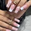 Valentine's Day Medium-Length White Nails with Irregular Double French Stripes & Heart Print