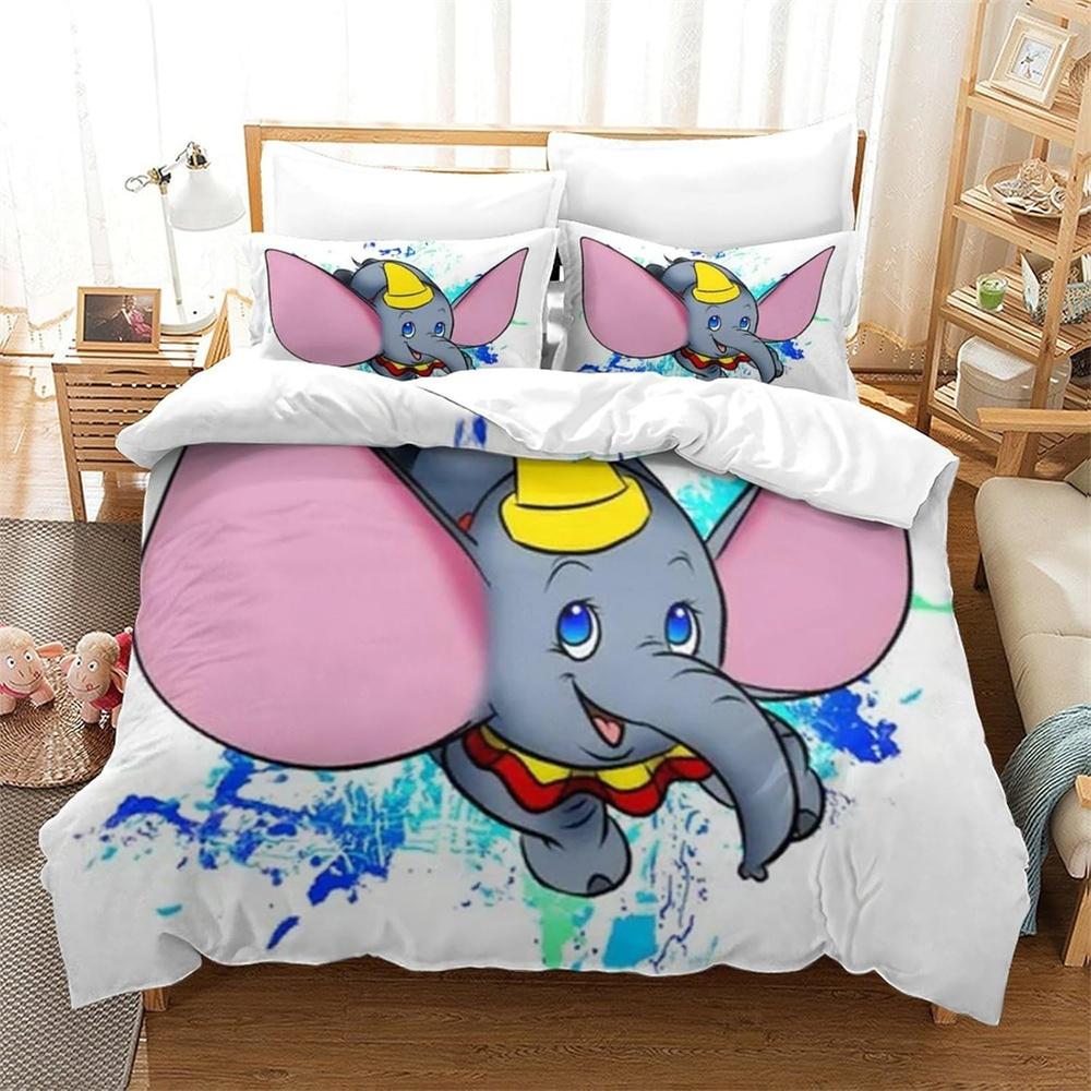 Anime Elephant Duvet Cover Set With Pillowcases 75*50cm, Dumbo Bedding Set Cartoon Comforter Cover for Boys Girls Teens Bedroom