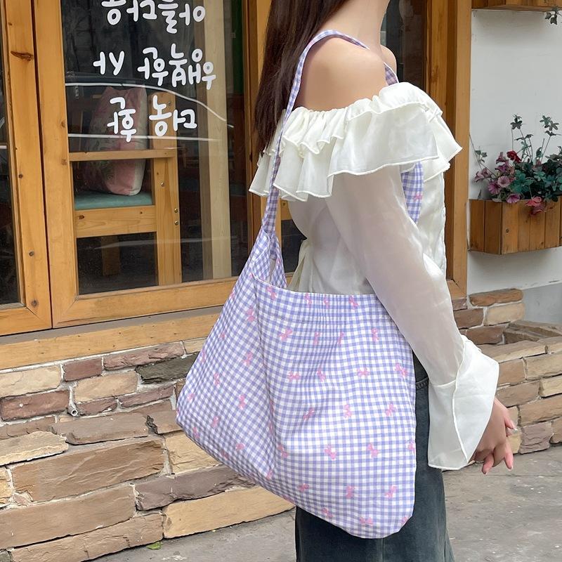 Candy Color Plaid Women's Shoulder Bags Large Capacity Women's Shopping Bag Cute Bowknot Female Travel Handbags Book Tote Purse