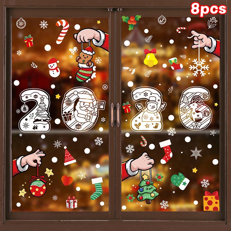 Рождественские наклейки, Новогодние наклейки-статики в виде белых снежинок, Дед Мороз, Олень, Снеговик, Наклейки на окна