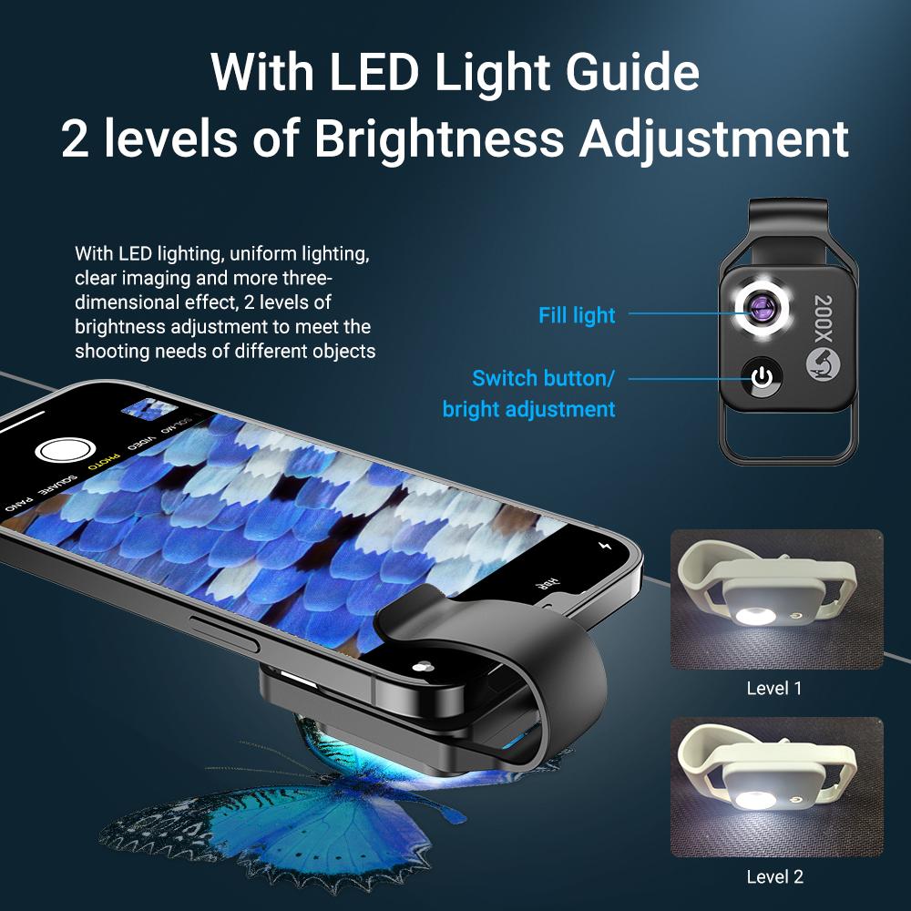 Digital 200X Microscope Lens with CPL Mobile LED Guide Light Lamp Micro Pocket SuperMacro Lens For Phones
